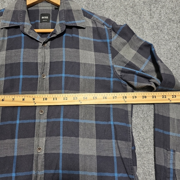 Hugo Boss Slim Fit Blue Gray Plaid Button Up Shirt Mens S Cotton Cashmere Blend - Picture 10 of 12